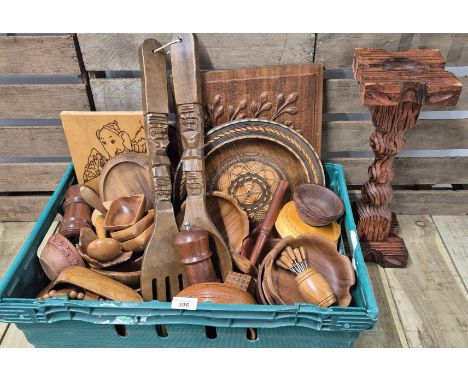 A Large crate of Treen wooden ware; bowls, pickle forks, large fork &amp; spoon with other items