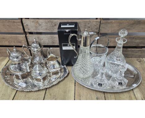 A Collection of silver plated and crystal wares; Silver plated coffee and tea service with tray, Wine claret jug, Pair of Roy