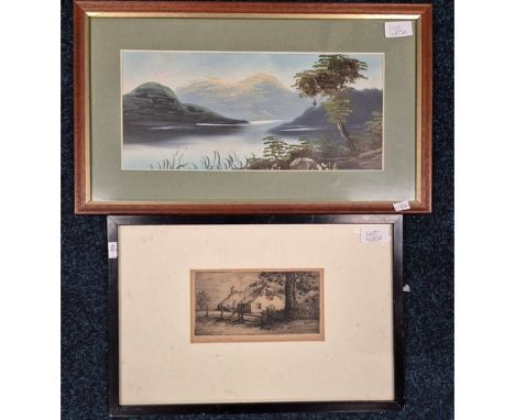 Two various artworks; Etching titled "The Ruin, Dunshillock" by E.E. Mackenzie 1916. Together with loch scene oil painting.