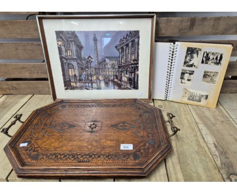Early 20th century arts and crafts octagonal oak serving tray, photograph album includes military photographs and print of Pa