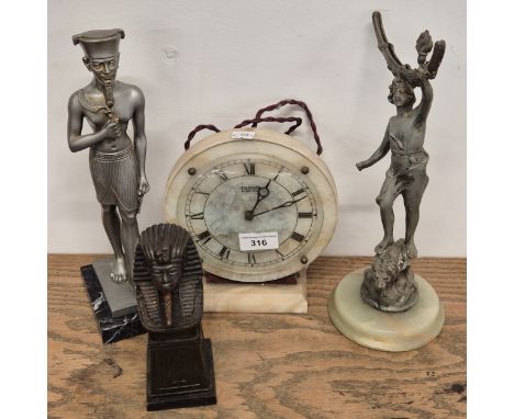 Art Deco Temco Electric mantle clock, Spelter Figure holding a torch- missing mirror part, Contemporary Resin Egyptian figure