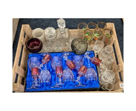 A Crate of glass &amp; crystal ware; Bohemia crystal glasses, Cranberry etched glasses, art glass dishes &amp; crystal wares