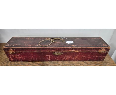 19th century leather bound Heirloom box. Fitted with an ornate brass swing handle and lock plate. Comes with key. Has origina