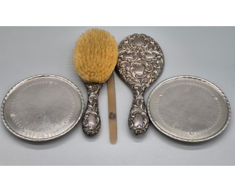 Ornate Birmingham silver hand brush and mirror, A Pair of Keswick School of art resting trays and Agate page turner detailed 