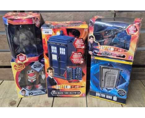 A collection of Doctor Who boxed toys; Tardis figure holder, pin art item, Mr Potato Head &amp; other items