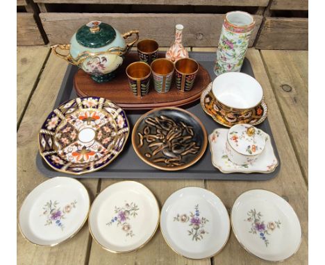 A Tray of collectables; Royal crown derby Imari ware, Russian silver plated enamelled shot cups, oriental small urn, Chinese 