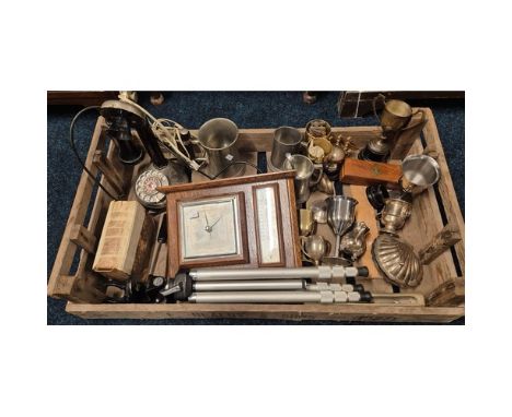 A Crate of collectables; vintage Stick, oak barometer, tankards &amp; other items