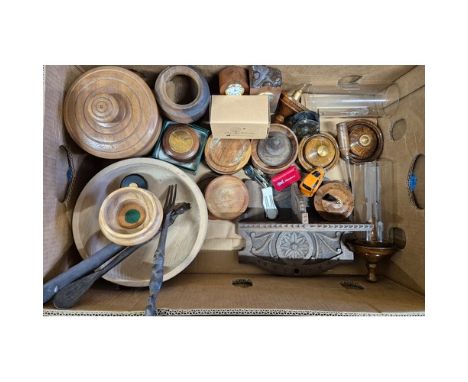A Crate of vintage Treen &amp; other collectables; small brass fishing reel, two vintage clocks, carved vintage shelf &amp; o