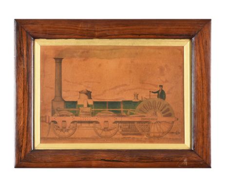 David Mitchell (mid-19th century English School)  Crampton's Patent Locomotive, Pen, ink and wash- possibly over a printed ba