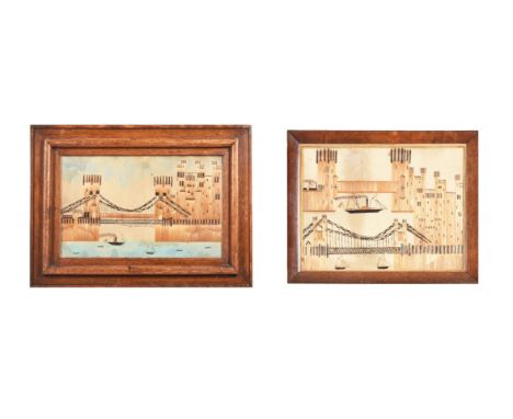 Two rare 19th century Welsh folk art straw work and watercolour pictures of Conway, both depicting Conway Bridge, Tube and Ca