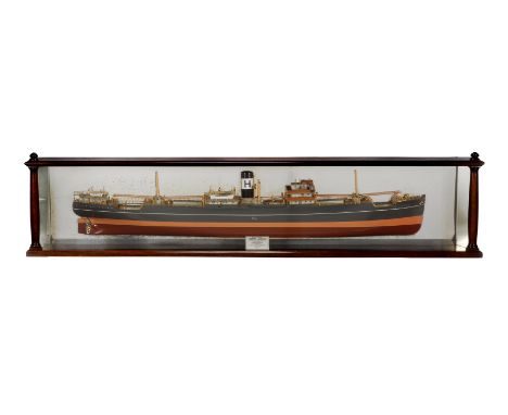 A scale model of a screw steamer, built by Lithgows LTD, Glasgow, 1933-34. Model length is 134.5cm (53 inches). Case length 1