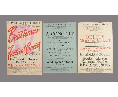 Posters: London classical music concerts including the Royal Albert Hall, 1940s-1950s.  a group of three posters.  comprises: