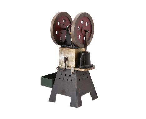 A well engineered model of a vertical hot air engine, with twin disc flywheels and having open balanced crank, water feed pum