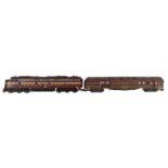 An Aristocraft G gauge 1/29th scale model of a Pennsylvania American EMD E8 diesel Locomotive