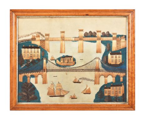 Y Two mid-19th century Welsh folk-art straw work and watercolour pictures depicting "The Menai Straits" and "Conway Castle an