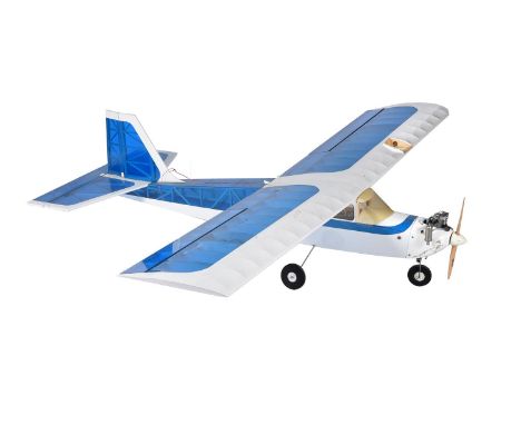 A large scale model of a radio controlled aircraft, with internal combustion engine and finished in blue and white.