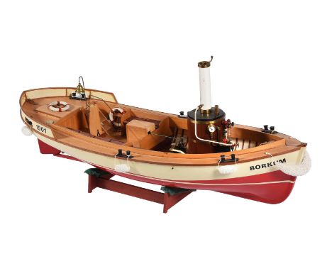 A model of a live steam boat ' Borkum Emden 1901', the boat fitted with vertical live steam boiler lagged in wood with boiler