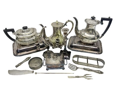 Silver-plated items, including small three branch candelabra, single candlestick, crumb tray with hallmarked silver ferrule a