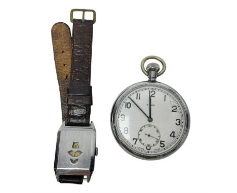 Cyma military issue pocket watch, back case No. 6E/50 A9259 and a Art Deco manual wind jump hour wristwatchCondition Report:J