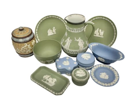 Collection of Wedgwood Jasperware to include jug, bowl, plates, covered trinket dishes etc, together with Doulton Lambeth tob