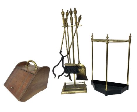 Fall front coal box with carrier handle, together with brass fire tools and a stick stand 