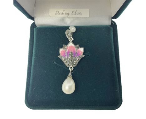 Silver enamel, pearl and marcasite flower pendant, stamped 925, boxed