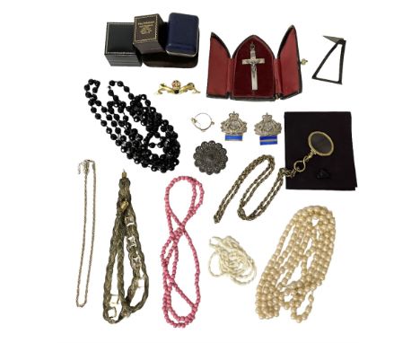 Collection of Victorian and later jewellery including large silver Crucifix pendant, in church window box, two enamel sweethe