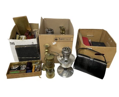 Mining lamp, together with two oil lamps, together with brass candlesticks and other collectables, in three boxes