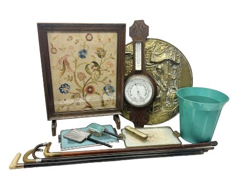 Tapestry fire screen, together with walking sticks, barometer, brass charger etc 