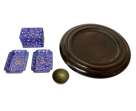 Chinese enamelled box, together with two matching trinket dishes, a wooden vase stand and miniature brass dish   