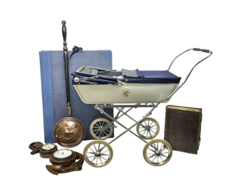 Silver Cross style dolls pram, copper warming pan with turned wooden handle, family Bible, Whitby Ordnance Survey maps etc, a