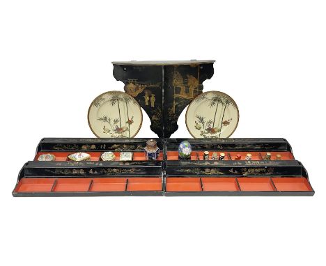 Oriental lacquer shelf, together with four trays, cloisonne thimbles, trinket boxes etc