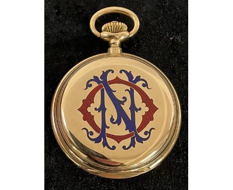 Patek Philippe &amp; Co. 18ct gold full hunter pocket watch with enamel monogram front case, Roman numerals to dial, secondar