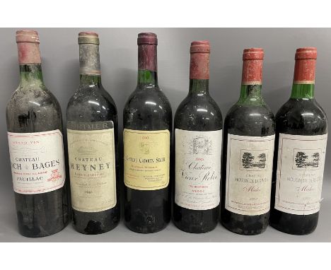 6 bottles of French red wine: Chateau Lynch Bages Grand Cru Classe Grand Vin Paullac 1978, Chateau Meyney Saint Estephe 1981,