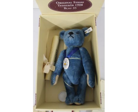 Steiff Club Edition 1994/1995 "Teddy Bear 1908 Blue 35" with certificate, Steiff club 1995/96 boxed pin badge, Steiff Club Ed