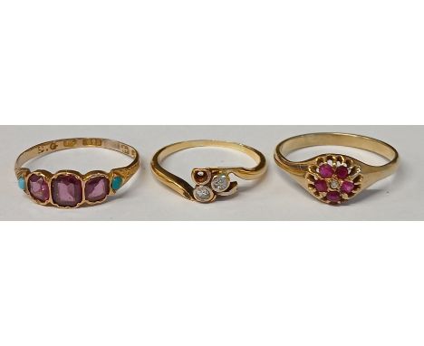 Victorian 15ct gold amethyst &amp; turquoise ring Birmingham 1866 1.07g, 15ct gold ruby flower ring 1.76g &amp; 18ct gold dia