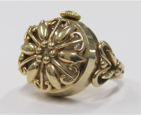 9ct gold watch ring - with flower design sprung cover and decorative shoulders - Elco 21 jewels watch (currently working but 