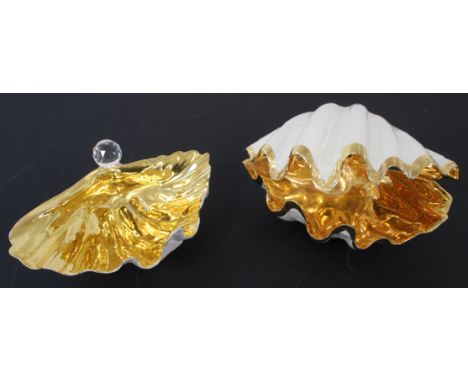 Two gilt coloured oyster shells with crystals, one open one partially closed 23cm x 15cm&nbsp;