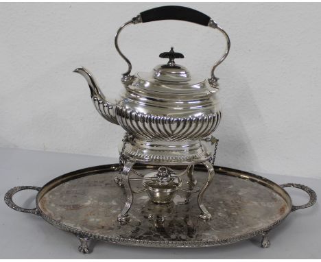 Viners silver plated tray 56cm x 28cm and EPNS spirit kettle on stand with burner, removable base with keys, 33cm tall