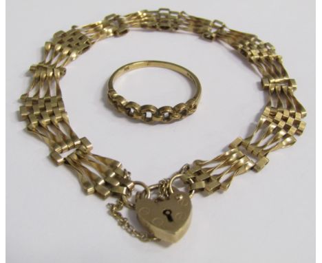 9ct gold gate bracelet with heart lock and safety chain - total weight 5.0g &amp; 9ct gold ring with circular design - ring s