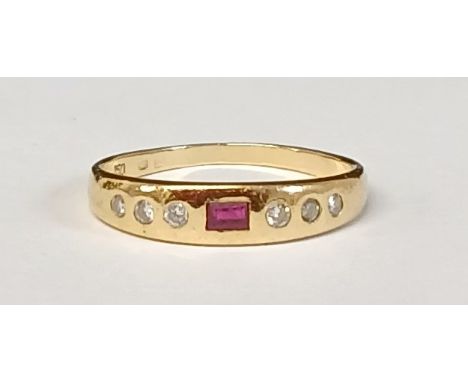 18ct gold, ruby &amp; diamond chip ring, marked 750, 2.01g, size N