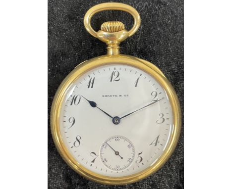 18ct gold open face pocket watch with Patek Philippe movements in a Shieve &amp; Co. case with Arabic numerals, secondary dia