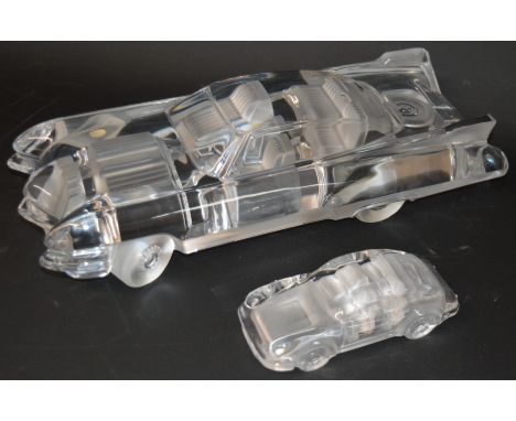 2 crystal car sculptures, Hofbauer designed Porsche 911 and a large American design - no markings