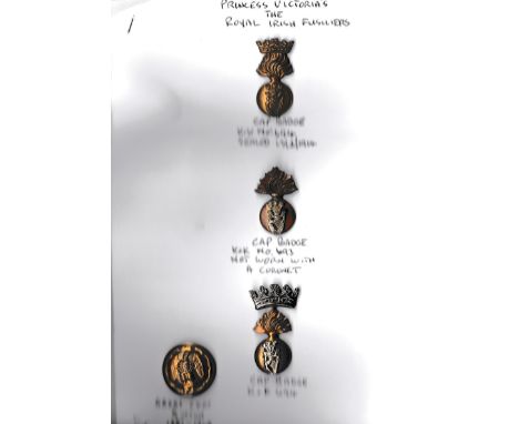 Royal Irish Fusiliers (Princess Victoria's) Cap Badges (3) and Great Coat Button (Bi-metal and Brass), lugs. K&amp;K: 693/694