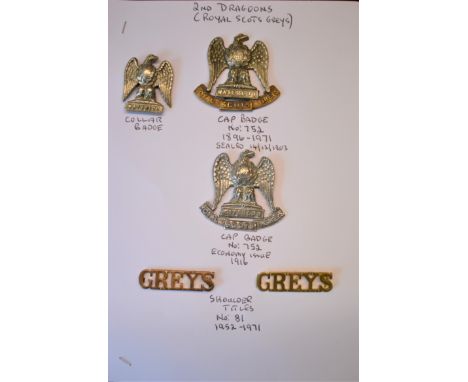 2nd Dragoons (Royal Scots Greys) Cap Badges (2), Collar Badge and Shoulder Titles. K&amp;K: 752 (Bi-metal and Economy variant