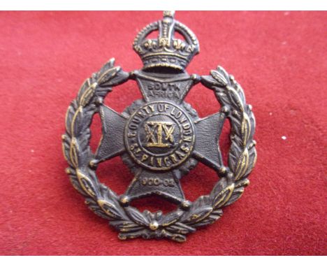 19th County of London Regiment (St. Pancras) WWI Cap Badge (Blackened-brass), two lugs, design sealed in 1916. K&amp;K: 1851