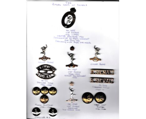 The Royal Corps of Signals Collection on a sheet including: K&amp;K: 888 WWII Cap Badge (Bi-metal), Officers Collar Badges, S
