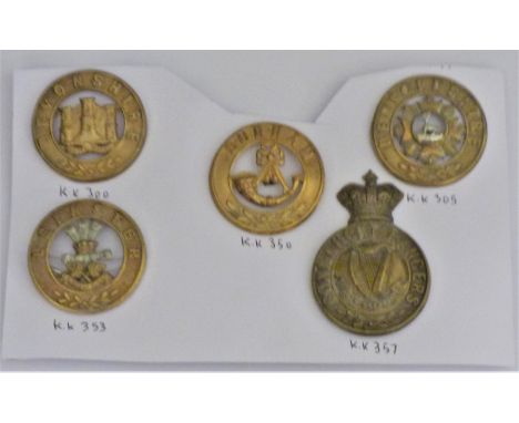 Victorian Other Ranks' Helmet-Plate Centres 1881 to 1901 including: The Devonshire Regt, Bedfordshire Regt, Leinster Regt, Du
