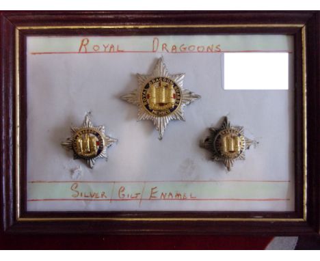 Royal (Inniskilling) Dragoon Guards Officers Cap badge and collar badge set (Silver, gilt and enamel). A rare set and fantast