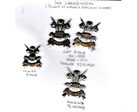 3rd Carabineers (Prince of Wales's Dragoon Guards) Cap Badges (3) including: 1928-1971 Service wear (Bi-metal), sliders (K&am